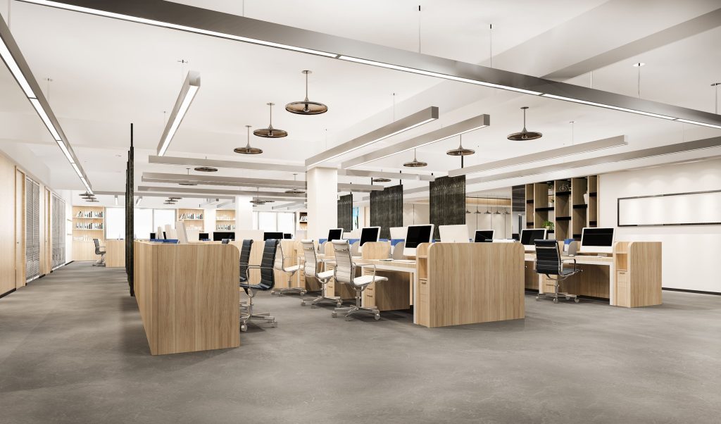 Modern office space showcasing different types of desk chairs including employee chairs, and executive seating