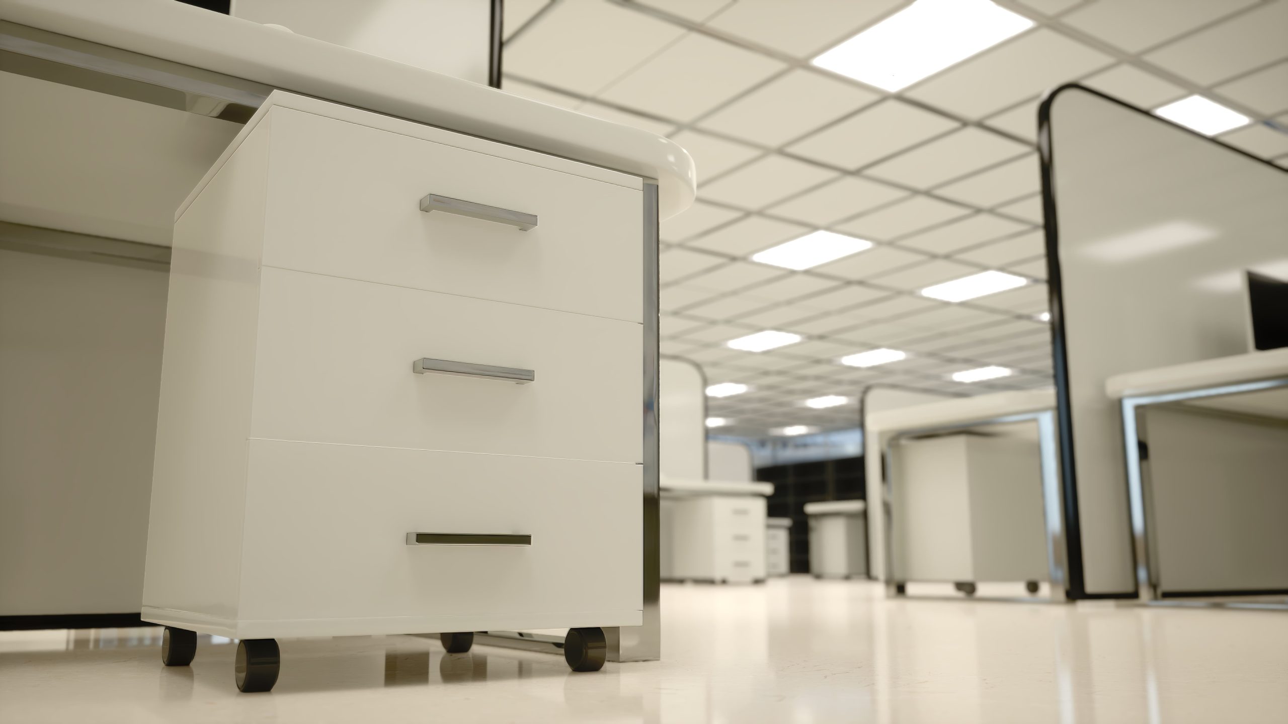 Mobile pedestal file cabinet, modern office furniture storage with drawers and lockable casters for flexible workplaces